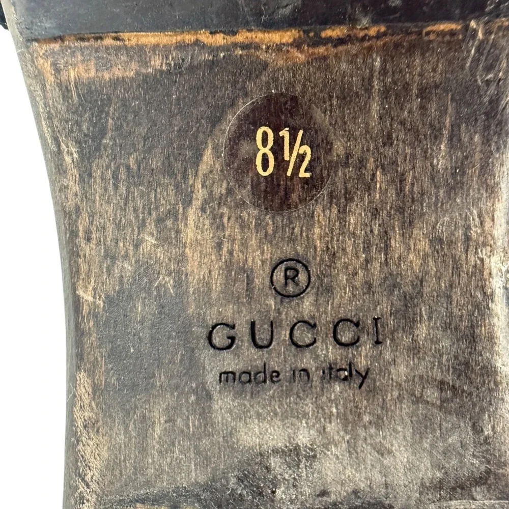 Gucci Vintage Horse-bit Wooden Slide Sandals Black Striped Canvas 8.5 Italy